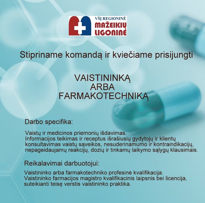 Kviečiame prisijungti vaistininką arba farmakotechniką